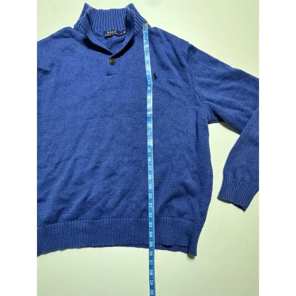 Polo Ralph Lauren Blue Ribbed Knit Mock Neck Button Pullover Sweater Logo XL